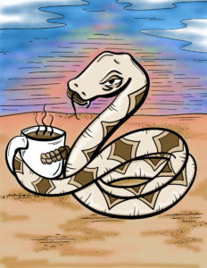 Sample Colored Page of Sammy at Sunrise with a steaming cup of coffee