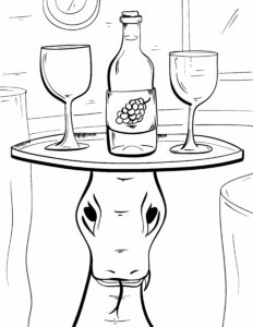 Uncolored sample page of Sammy balancing a tray with 2 wine glasses and a wine bottle on his head